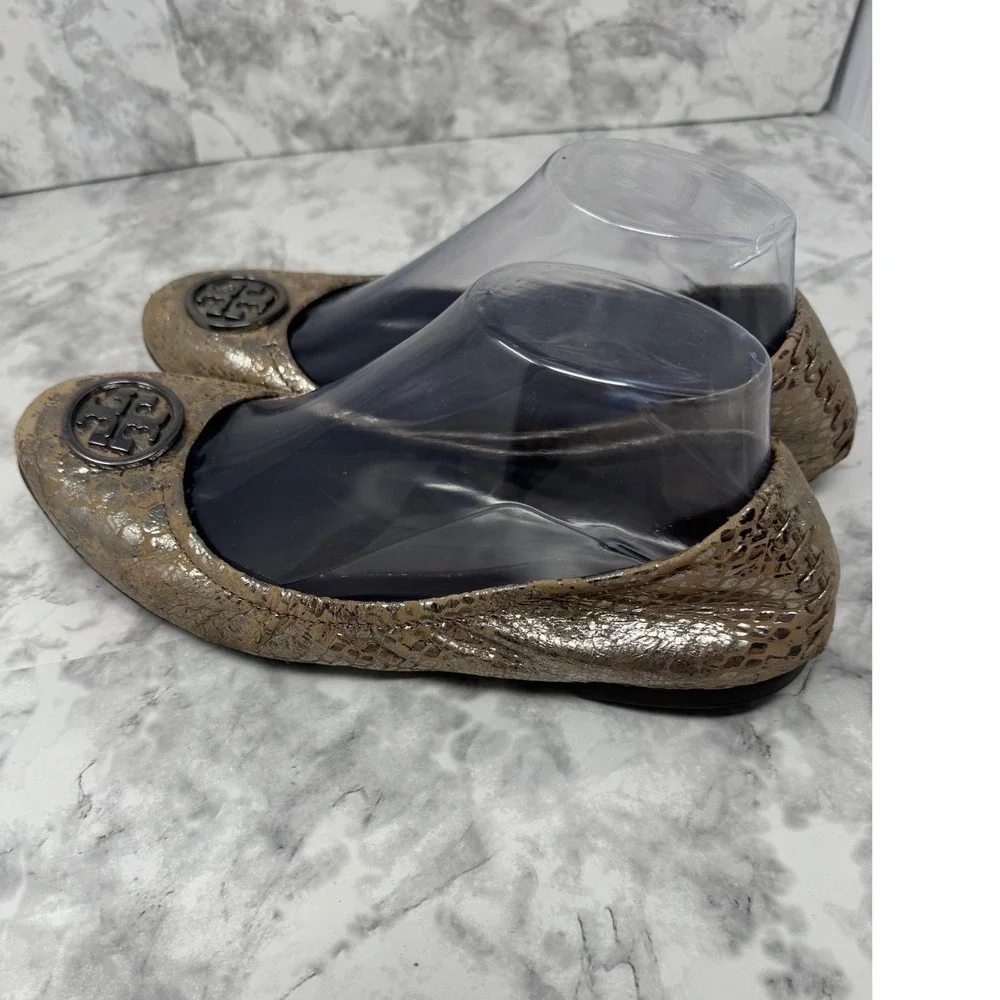 Tory Burch Reva Ballet Flats💛Metallic Gold Snakeskin Leather Logo Medallion 8.5